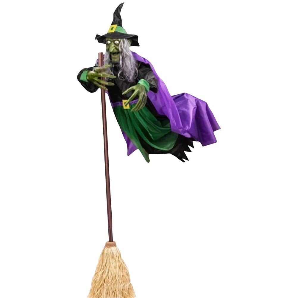 Flying Witch Decorations with Luminous Eyes Halloween Flying Witch on Broom Decor Animatronic Flying Witch for Garden Yard Lawn