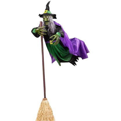 Flying Witch Decorations with Luminous Eyes Halloween Flying Witch on Broom Decor Animatronic Flying Witch for Garden Yard Lawn