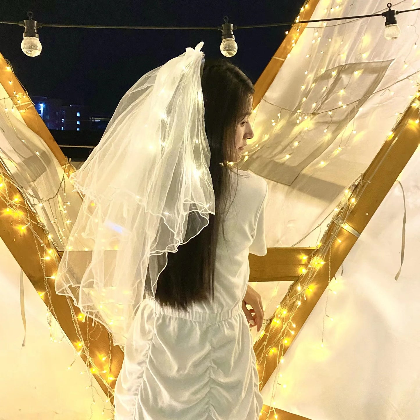 Bridal Veil Wedding Veils Women's White Tulle Short Veils Ribbon Edge With LED Light for Brides Bachelorette Hen Party Costume