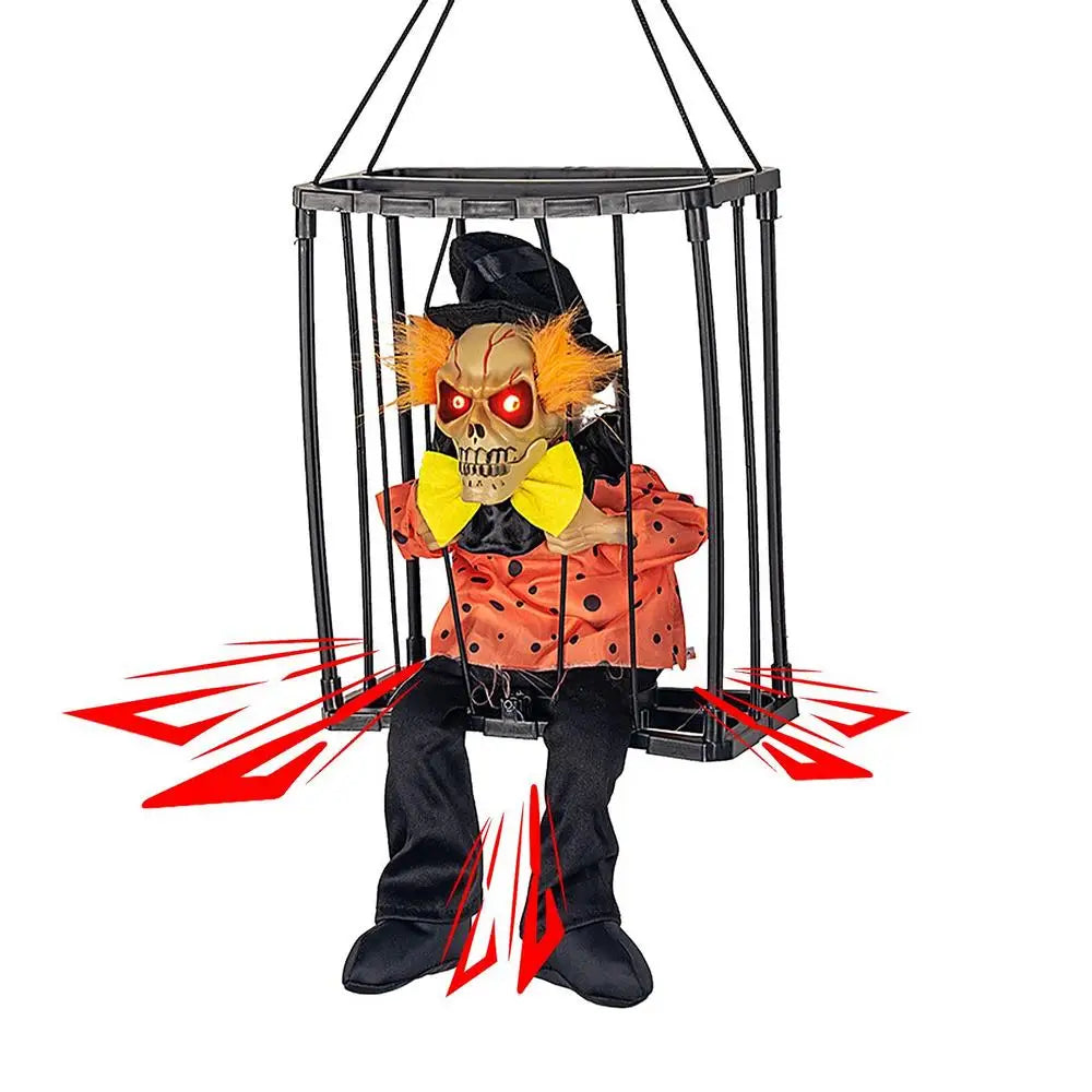 Halloween Decoration Prisoner Ghost In Cage Scary Skull Prop Electric Skeleton Toy Glowing Eye Sound Doll Hangable Talking Ghost