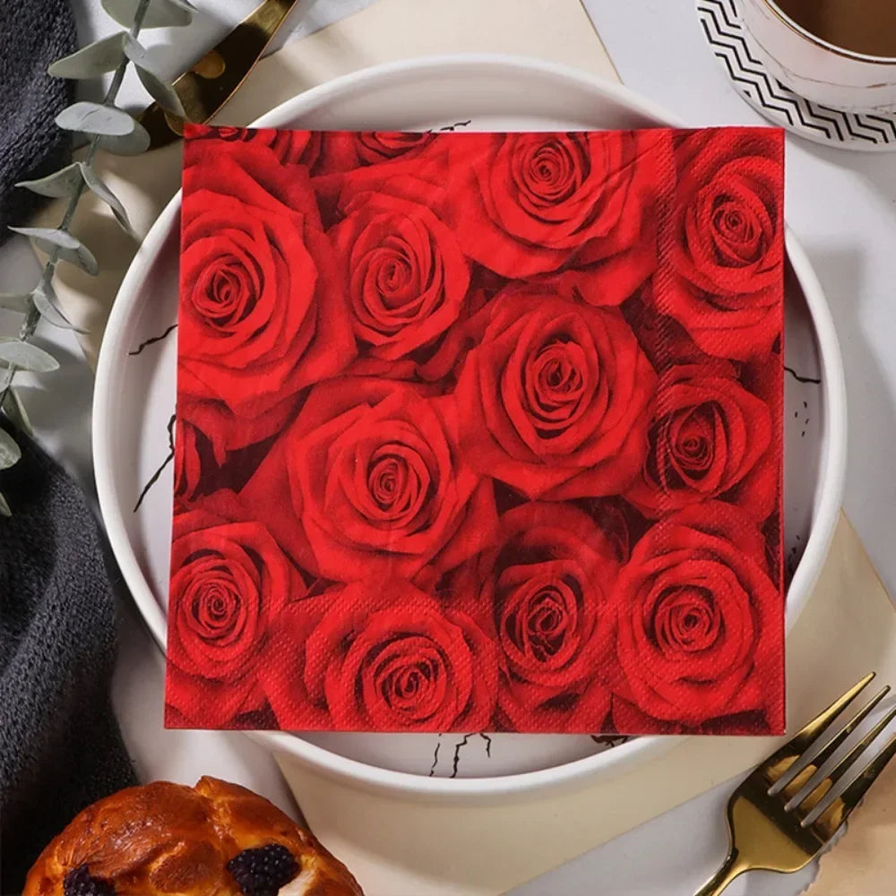 20Pcs/pack Lover Heart Rose Printed Paper Disposable Tableware Napkin Tissues DIY Wedding Party Decoration Valentine's Day Decor