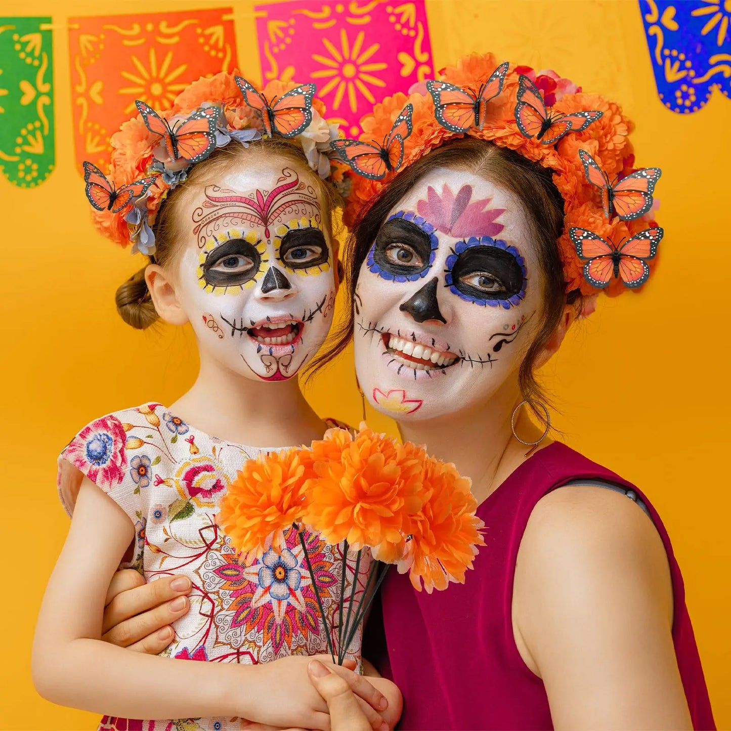 14~380pcs Day of the Dead Marigold Flower Garland Decorations Dia De Los Muertos ofrenda Altar with Monarch Butterfly Mexican