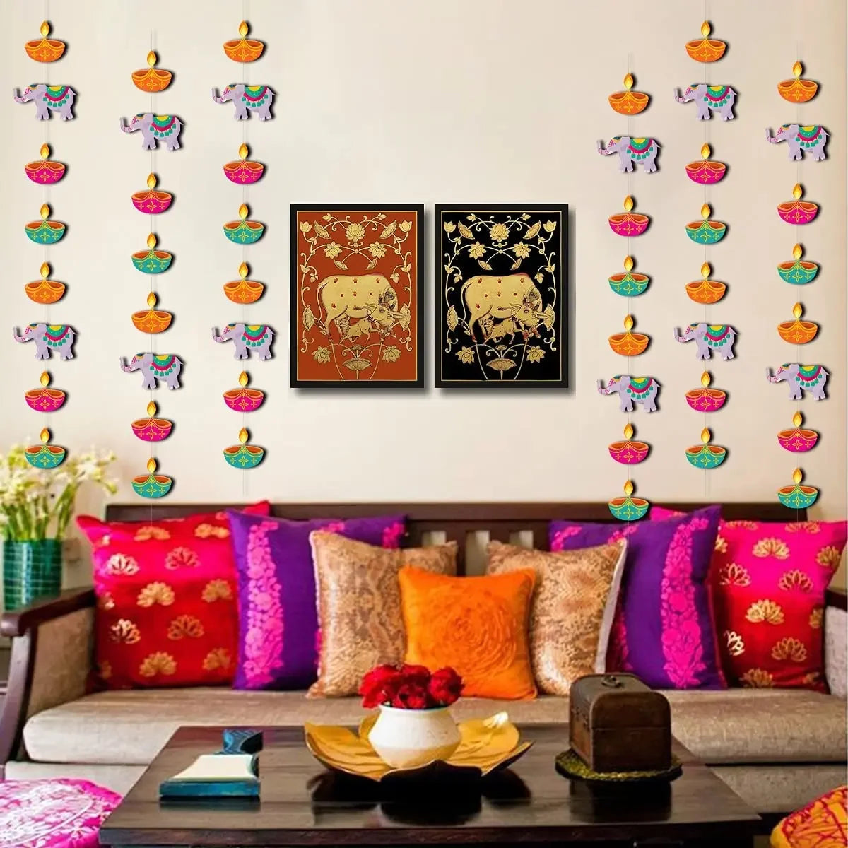 Happy Diwali Festival Hanging Flower wreath Lighting Decoration Door Curtain Flowing Light Indoor and Outdoor Hanging Decoration