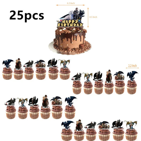 1set How Train Dragon Balloons No Teeth Toothlessing Green Eye Black Loong Party Decoration Happy Birthday Banner Cake Topper