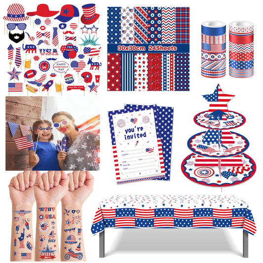 July 4th Day Independence Day Party Photobooth Props, Temporary Tattoo, Tablecover, Cake Stand, Washi Tape, Scrapbook Paper