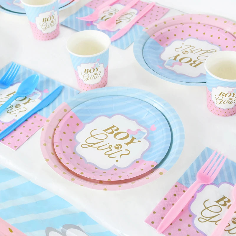 Gender Reveal Disposable Tableware Pink Blue Boy or Girl Plate Napkin Cup Tablecloth Baby Shower Party Table Decoration Supplies