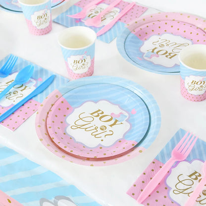 Gender Reveal Disposable Tableware Pink Blue Boy or Girl Plate Napkin Cup Tablecloth Baby Shower Party Table Decoration Supplies