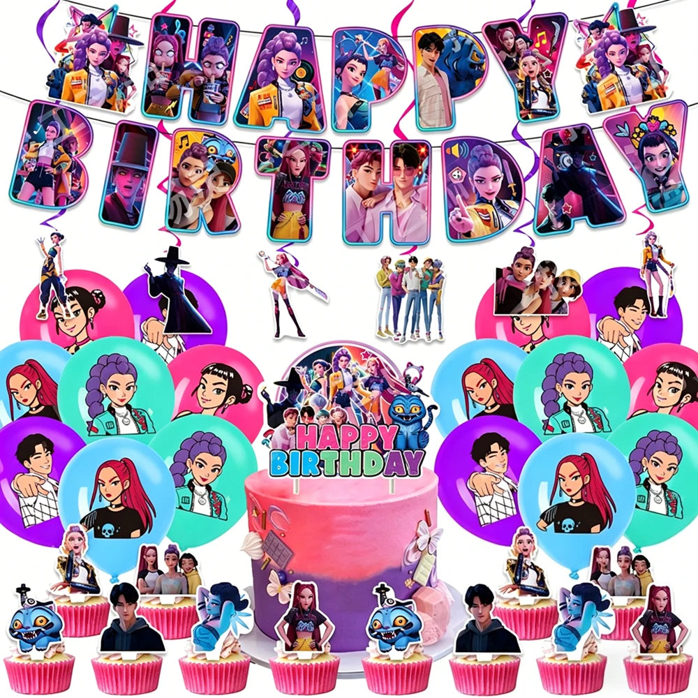 Hunters Girl Group Birthday Party Decor Set Banner Balloons Cake Toppers Hanging Swirls Kids Party Photo Props Event Supplies