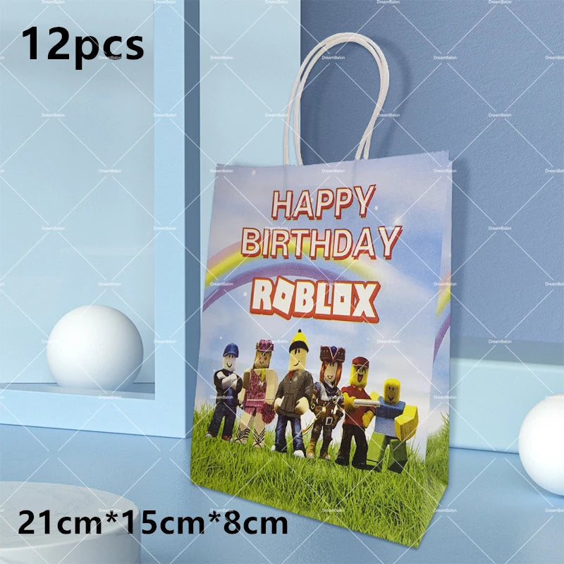 Pink Roblox Balloons Happy Birthday Banner Party Decoration Hot Robot Game Cake Topper Disposable Tableware Kids Girl Background