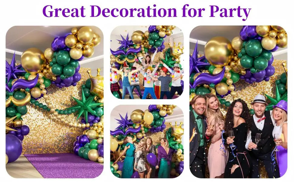 130pcs Mardi Gras Balloon Garland Arch Kit Green Purple Gold for Fat Tuesday Carnival Birthday Masquerade Party Decorations
