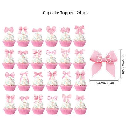 Pink Bow Plates Cups Napkins Forks for Coquette Birthday Decoration Pink Bow Theme Party Supplies for Girls Birthday Party Decor