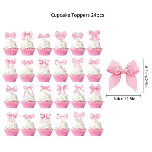 Pink Bow Plates Cups Napkins Forks for Coquette Birthday Decoration Pink Bow Theme Party Supplies for Girls Birthday Party Decor