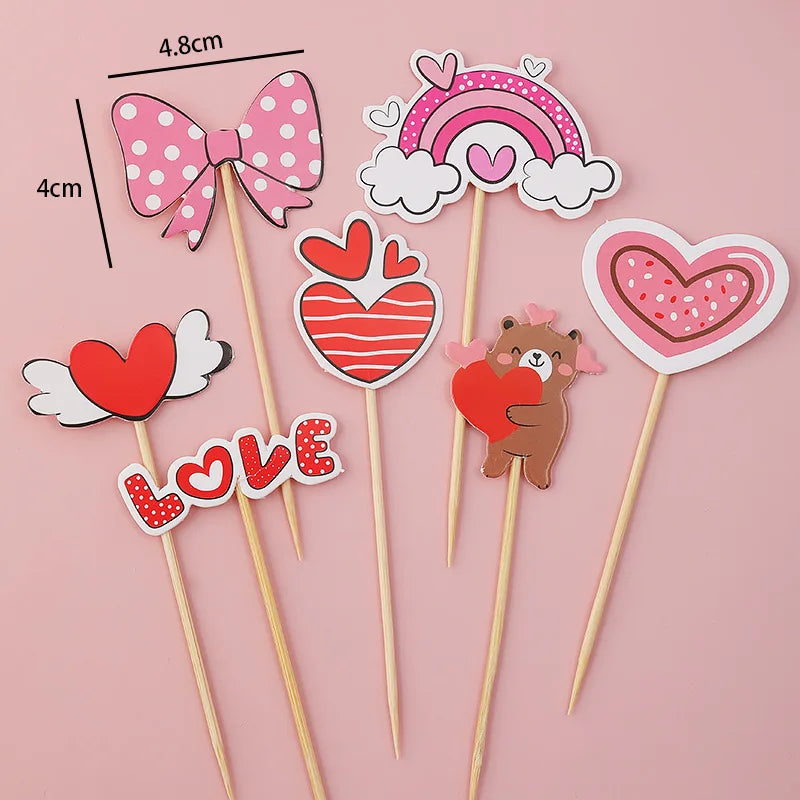 Heart Bear Cake Topper Toppers Flag I Love You Happy Valentine's Day Anniversary Baking Cake Dessert DIY Decor Party Supplies
