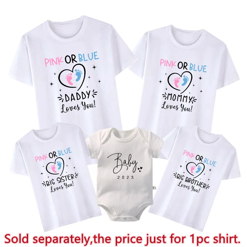 Pink Or Blue Daddy Mommy Brother Sister Loves You Funny Gender Reveal Party Shirts Cotton Baby Shower Tee Family Matching Outfit