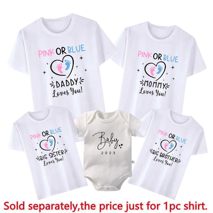 Pink Or Blue Daddy Mommy Brother Sister Loves You Funny Gender Reveal Party Shirts Cotton Baby Shower Tee Family Matching Outfit