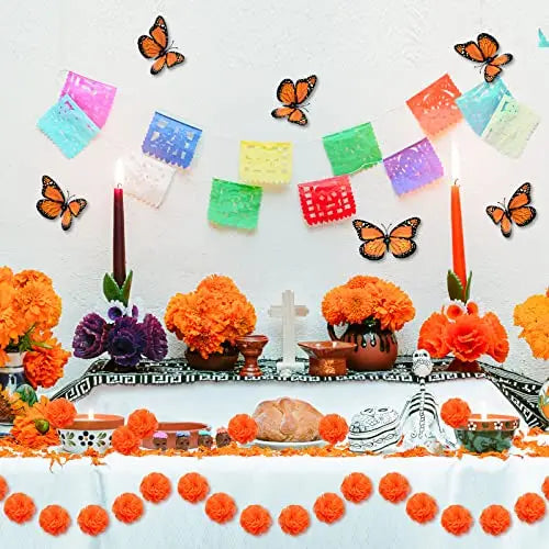 14~380pcs Day of the Dead Marigold Flower Garland Decorations Dia De Los Muertos ofrenda Altar with Monarch Butterfly Mexican