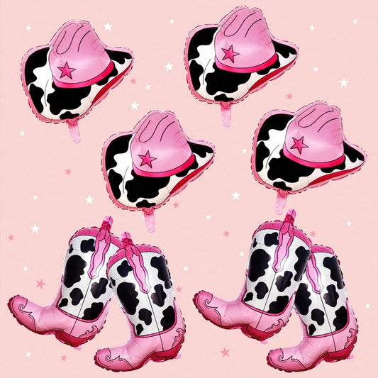 Western themed party balloons, including boots, cowboy hat foil balloons, suitable for birthday, bachelorette party decorations