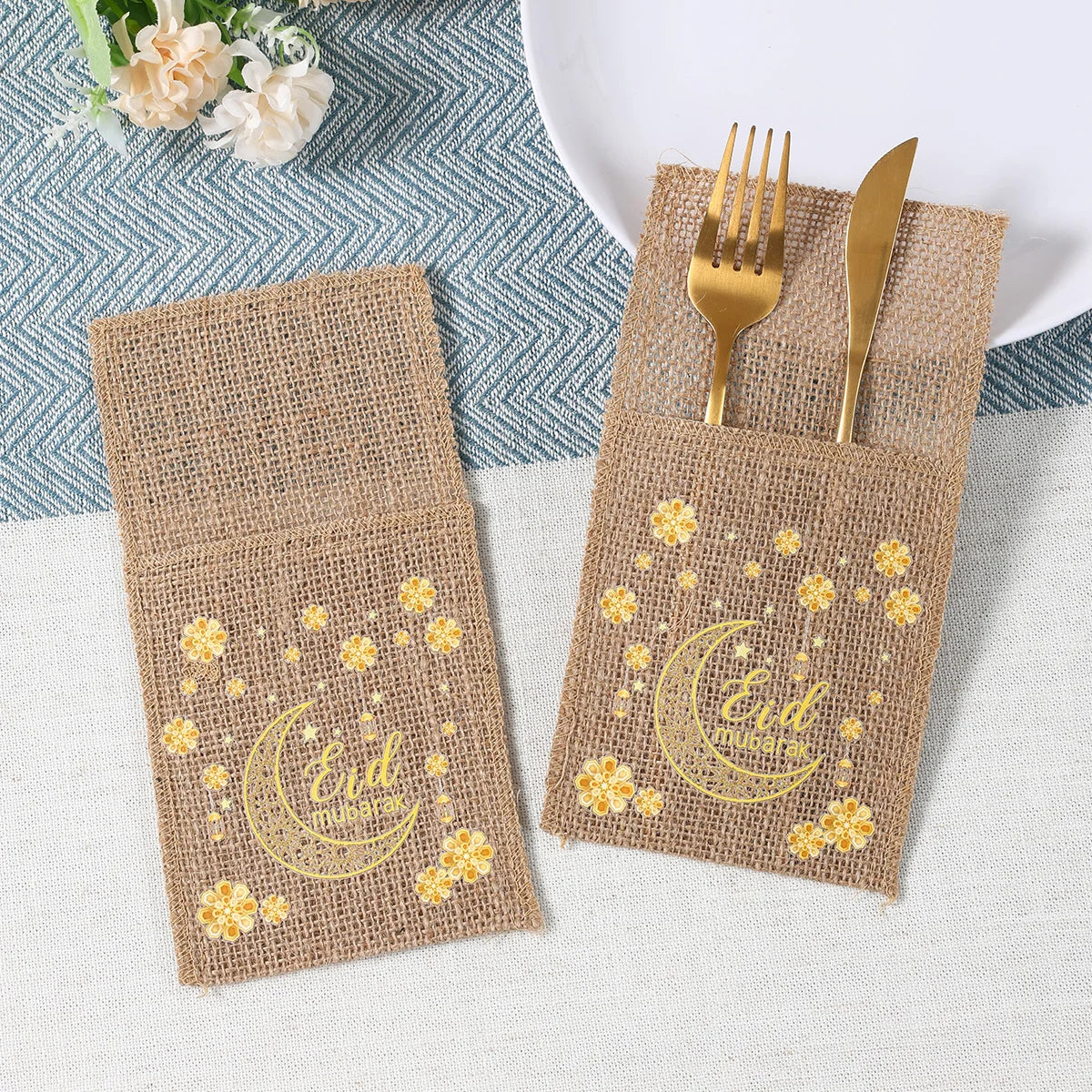 Eid Mubarak Burlap Cutlery Pouch Ramadan Decor for Home 2025 Table Decor Ramadan Kareem Islamic Muslim Party Eid Al-Fitr Gifts
