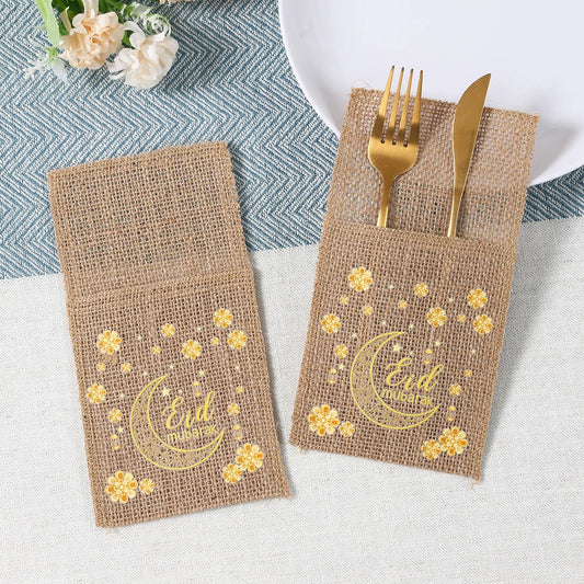 Eid Mubarak Burlap Cutlery Pouch Ramadan Decor for Home 2025 Table Decor Ramadan Kareem Islamic Muslim Party Eid Al-Fitr Gifts