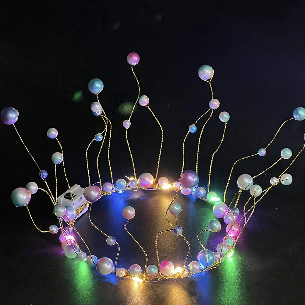 New LED Lamp Pearl Crown Cake Topper Decor Princess Party Top Topper Happy Birthday Cake Decorating Tools Gift Wedding Supplies