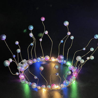 New LED Lamp Pearl Crown Cake Topper Decor Princess Party Top Topper Happy Birthday Cake Decorating Tools Gift Wedding Supplies