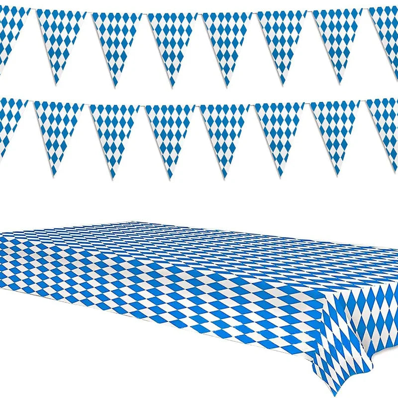 German Beer Festival Decor Blue White Table Cover Oktoberfest  Disposable Tablecloth Bavarian Flag Check Home Party Supplies