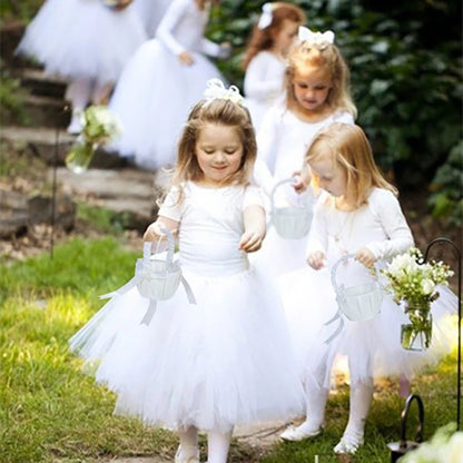 20 cm White Flower Girls Basket Silk Wedding Basket for Flower Bride/Kids Hand Held Wedding Ceremony Party Decorations
