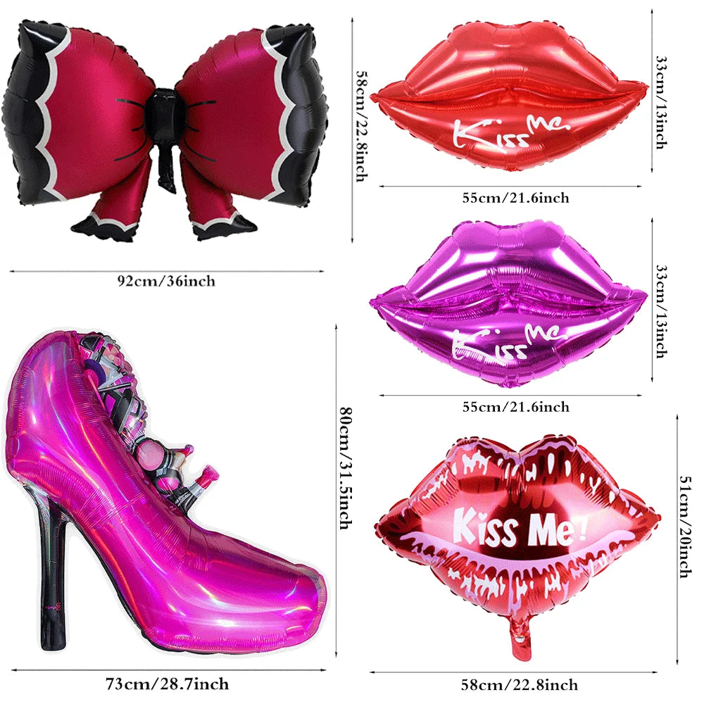 12pcs Spa Makeup Party Balloons Set Lipstick Lips High Heels Foil Ball Girl Bachelor Party Valentine's Day Wedding Bridal Shower