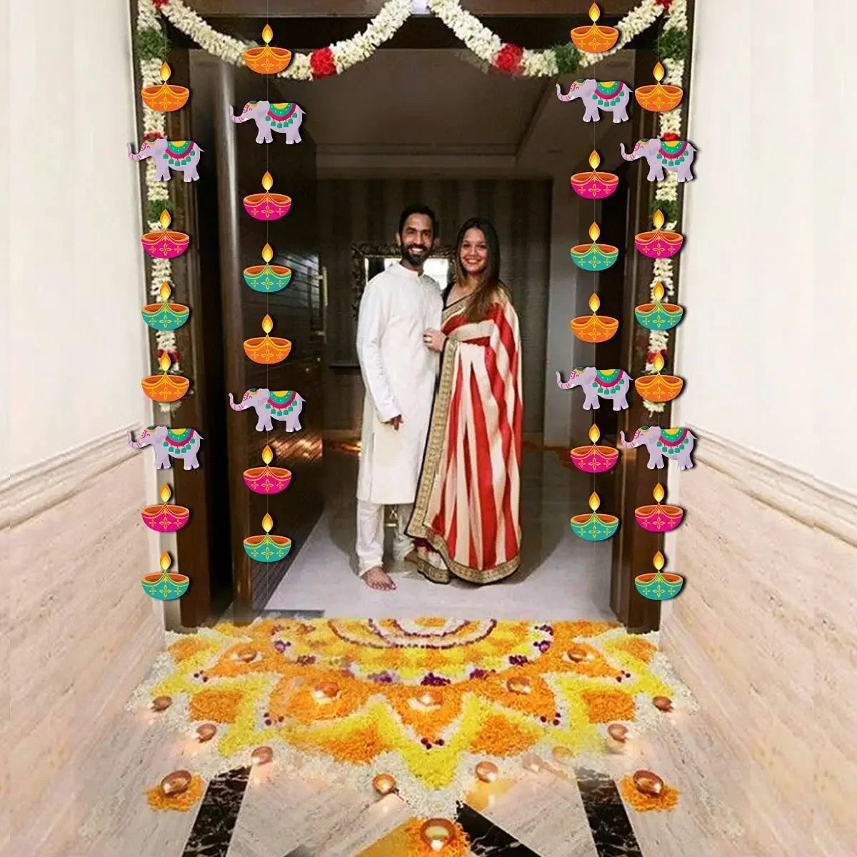Happy Diwali Festival Hanging Flower wreath Lighting Decoration Door Curtain Flowing Light Indoor and Outdoor Hanging Decoration