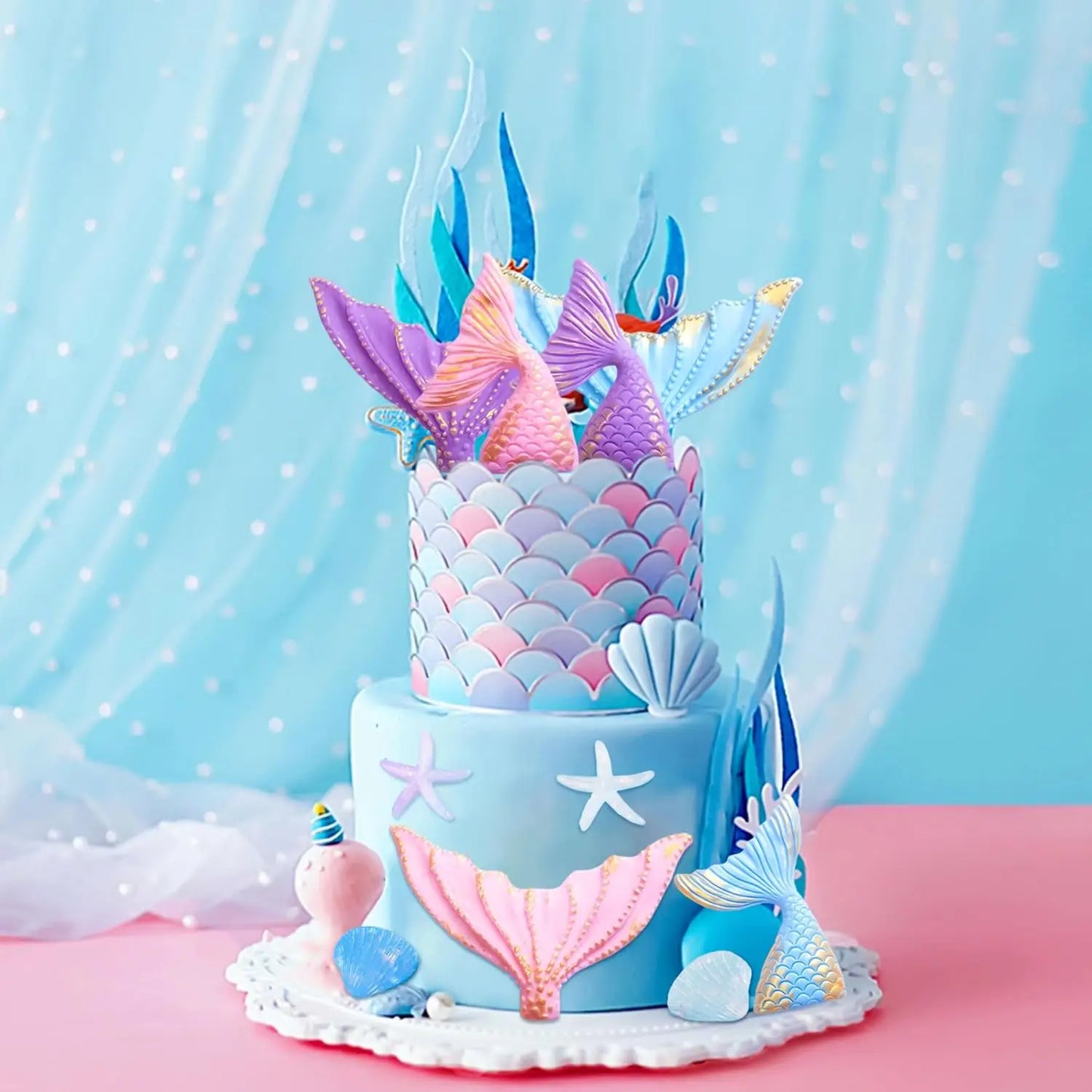 Mermaid Tail Cake Toppers Under the Sea Cake Decoration Seashell Sea Star Cake Topper for Birthday Baby Shower Wedding Cake Deco