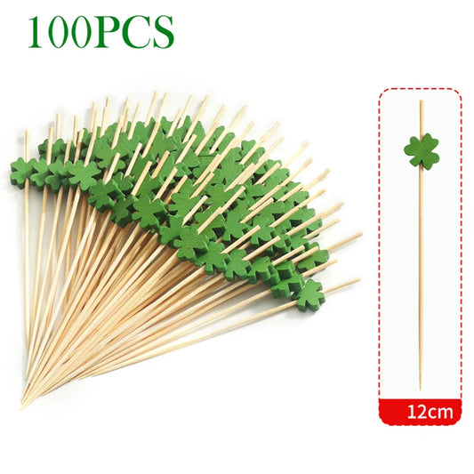 100Pcs Green Shamrock Cover Disposable Bamboo Food Picks St. Patrick's Day Theme Dessert Fruit Forks for Irish Saint Party Decor