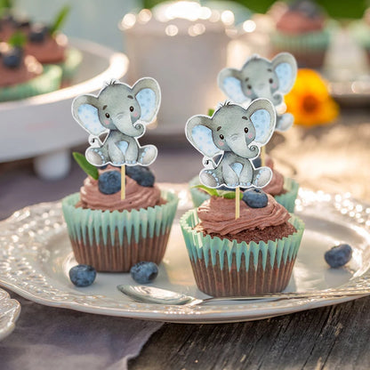 12Pcs Blue Pink Elephant Cupcake Topper Kids Birthday Baby Shower Elephant Cake Decoration Boy Girl Gender Reveal Party Supplies