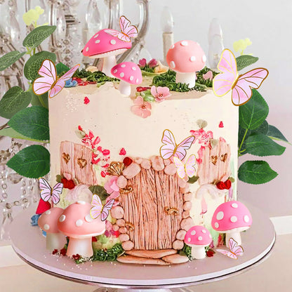 LaVenty Pink Mushroom House Cake Decoration Mushroom Cake Decoration Fairy Cake Decoration Garden Fairy Cake Decoration