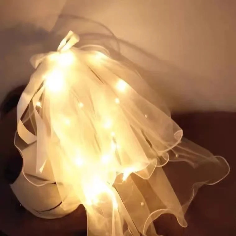 Bridal Veil Wedding Veils Women's White Tulle Short Veils Ribbon Edge With LED Light for Brides Bachelorette Hen Party Costume