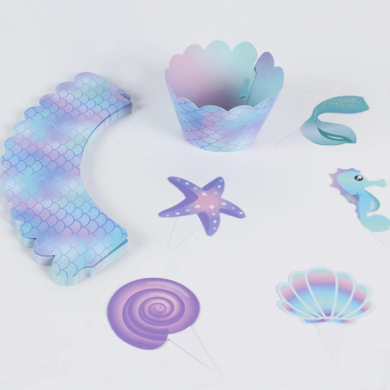 20set Mermaid Cupcake Toppers Wrappers Girls Happy Birthday Party Cake Toppers Baby Shower Under The Sea Mermaid Decoration