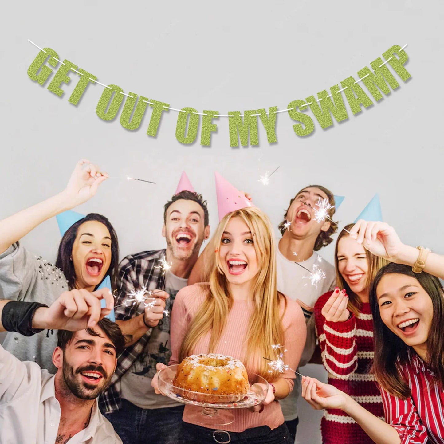 Get out of my Swamp Bunting Banner, Green Glitter Birthday Party Decorations, Funny Housewarming Party Decor Set