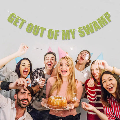 Get out of my Swamp Bunting Banner, Green Glitter Birthday Party Decorations, Funny Housewarming Party Decor Set