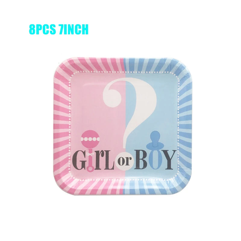 Boy Or Girl Gender Reveal Disposable Tableware Plate Cup Banner Balloons Baby Shower Gender Reveal Party Decorations