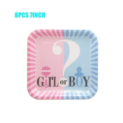 Boy Or Girl Gender Reveal Disposable Tableware Plate Cup Banner Balloons Baby Shower Gender Reveal Party Decorations