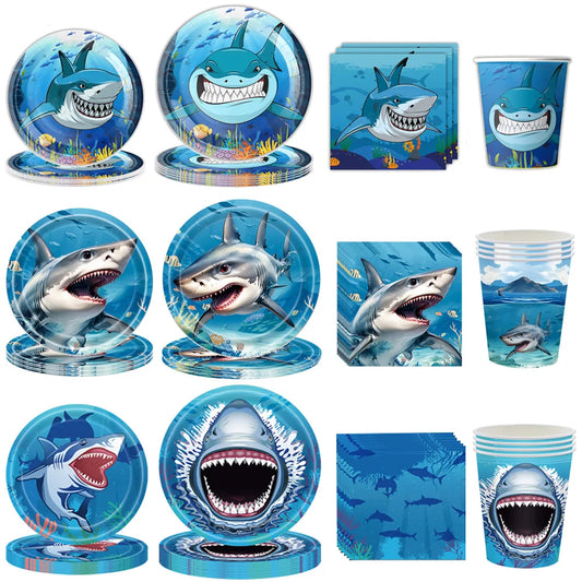 Shark Party Supplies Shark Birthday Tableware Shark Baby Shower Paper Cups Plates Napkins Ocean Shark Theme Party Decorations