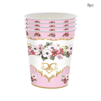 8Guests Elegant Tea Party Disposable Tableware Pink Green Floral Pattern Plates Napkins Women Happy Afternoon Tea Party