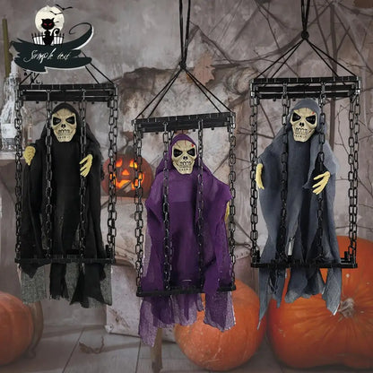 Halloween Outdoor Decoration Ghosts Skeleton Animated Ornament with Lighted Eyes Creepy Laughter Halloween Hanging Prisoner Cage