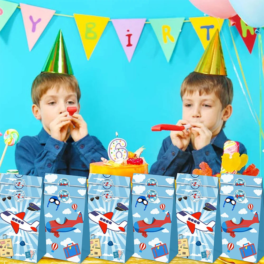 12/24Pcs Airplane Party Favor Bags Gift Goodies Treat Paper Bags With Stickers Kids Boy Flight Aviator Birthday Party Decoration