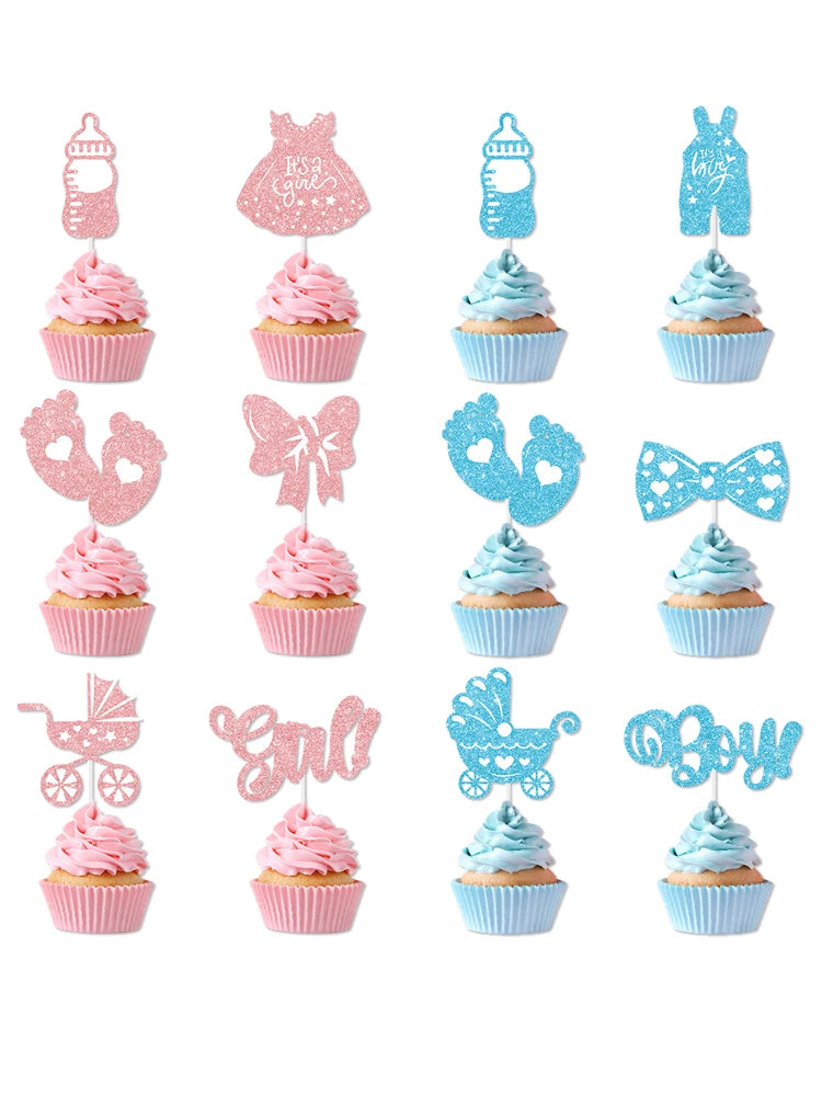 12/24pcs Boy or Girl Cupcake Toppers Glitter Feet Onesie Dress Gender Reveal cake picks Cake Decoration Baby Shower kid birthday