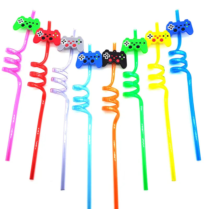 8pcs 26cm Reusable Game Controller Plastic Helical   Straws Gamepad Toys Straw Game Console Theme Kids Birthday Party Decor