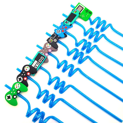 8pcs 26cm Reusable Game Controller Plastic Helical   Straws Gamepad Toys Straw Game Console Theme Kids Birthday Party Decor