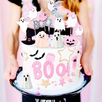 LaVenty Pink Halloween Cake Decoration Spooky One Ghost Cake Decoration Boo is One Cake Topper for Halloween Party Supplies