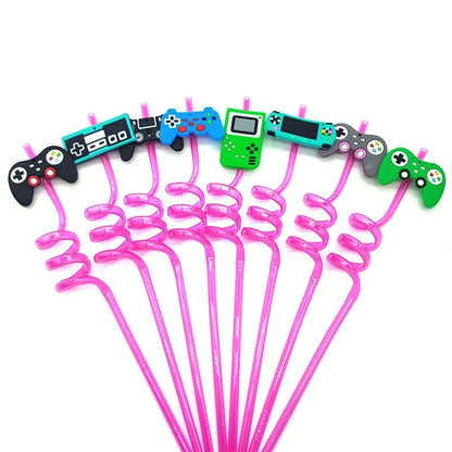 8pcs 26cm Reusable Game Controller Plastic Helical   Straws Gamepad Toys Straw Game Console Theme Kids Birthday Party Decor