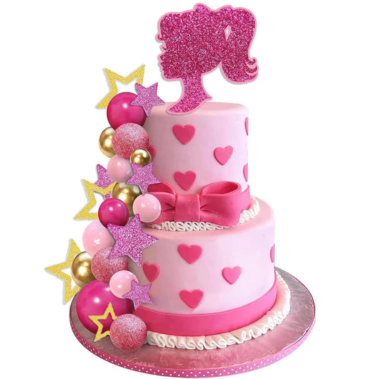 36 PCS Hot Pink Girl Cake Topper Balls Cake Decorations with Pink and Gold Balls Shiny Stars for Wedding Girl Birthday