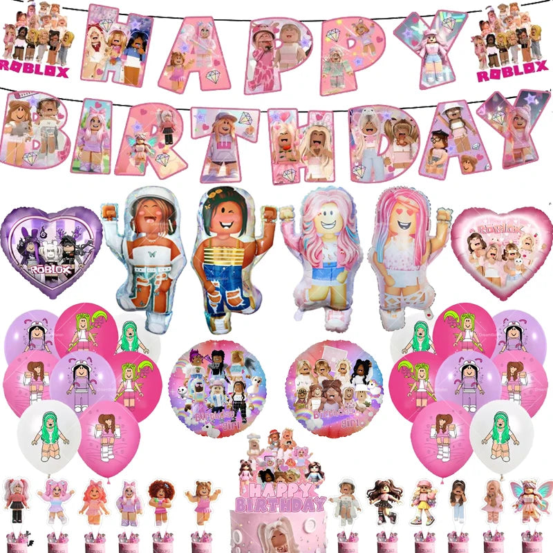 Pink Roblox Balloons Happy Birthday Banner Party Decoration Hot Robot Game Cake Topper Disposable Tableware Kids Girl Background